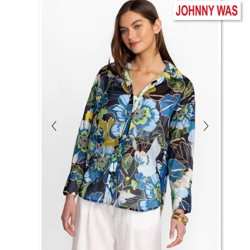 JOHNNY WAS JENN CURVED HEM YOKE SHIRT XS FLORAL BOHO RELAXED Hawaiian BLOUSE Top